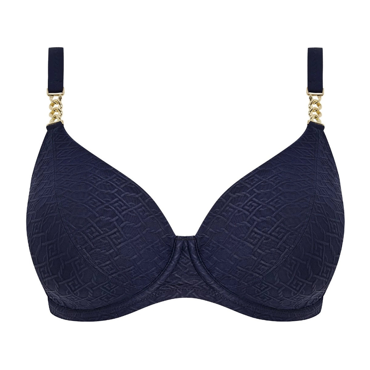 navy blue bra with gold accents on a white background