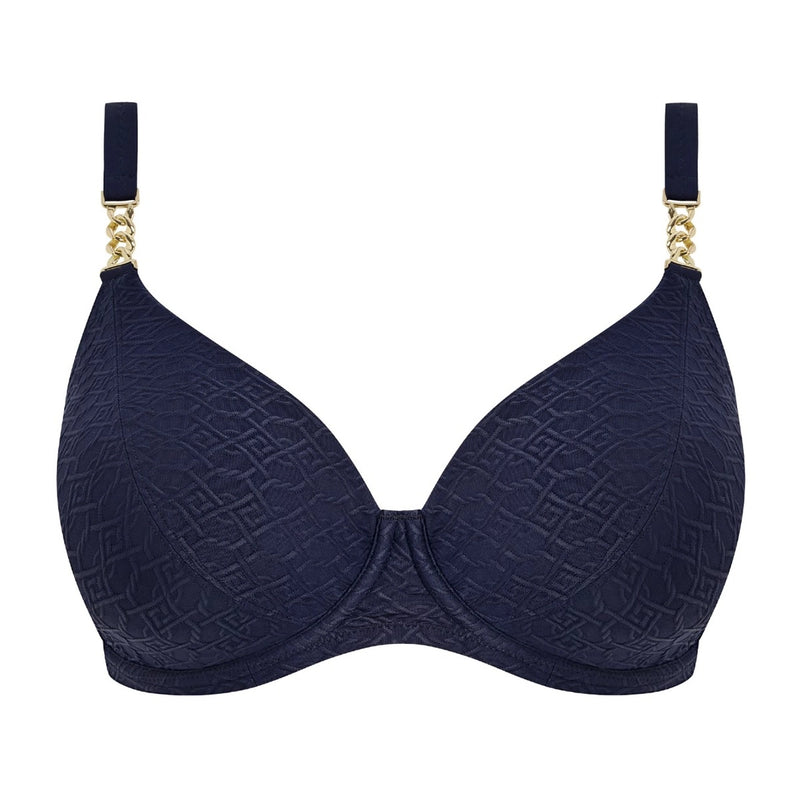 navy blue bra with gold accents on a white background