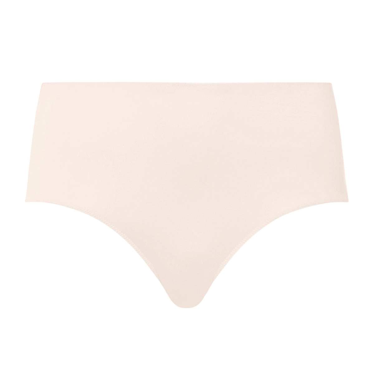 A pair of seamless high-waisted underwear in a light nude beige color, shown flat against a solid white background.