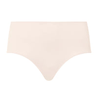A pair of seamless high-waisted underwear in a light nude beige color, shown flat against a solid white background.