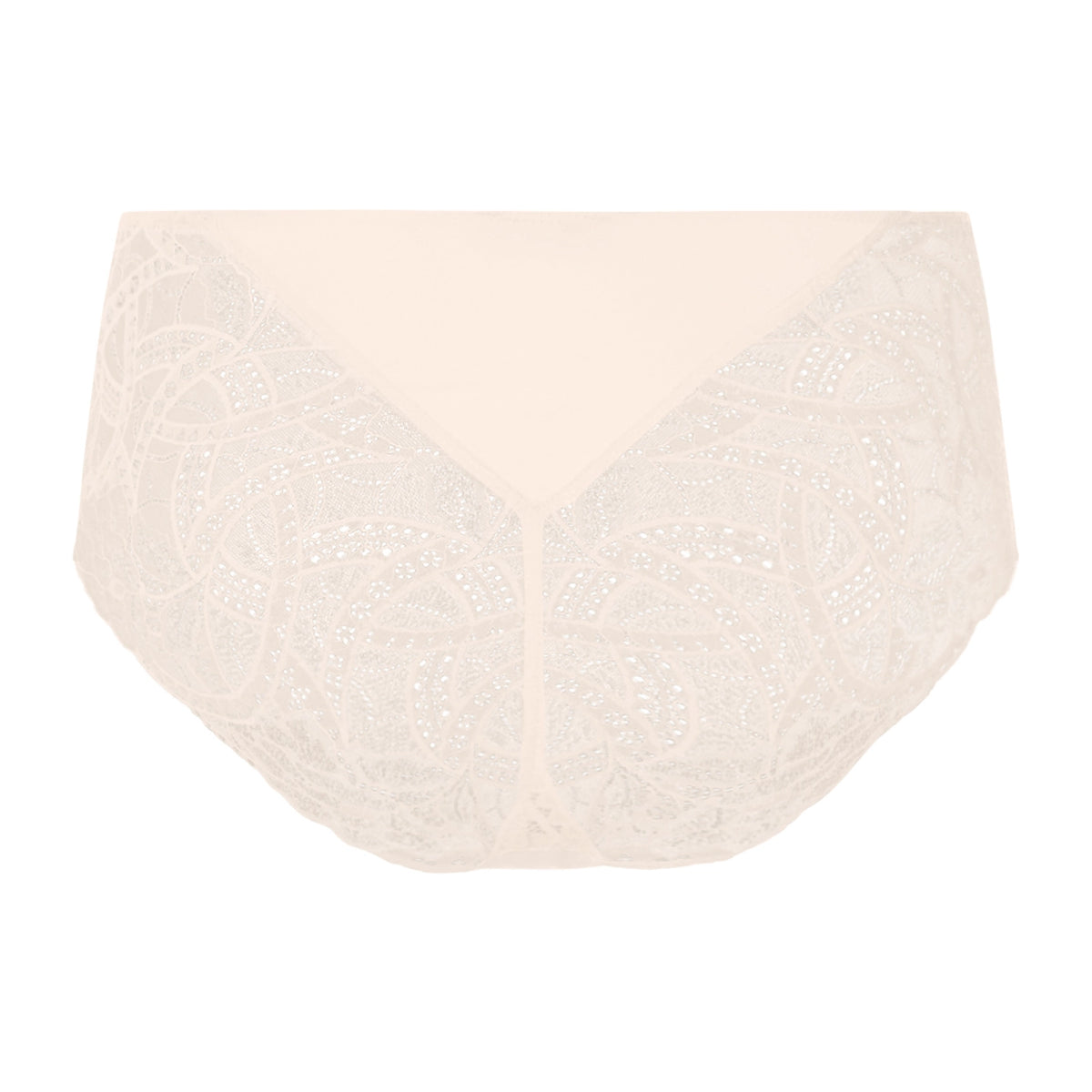 Cream lace briefs with a solid cream V-shaped front panel, shown against a plain white background.