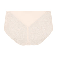 Cream lace briefs with a solid cream V-shaped front panel, shown against a plain white background.