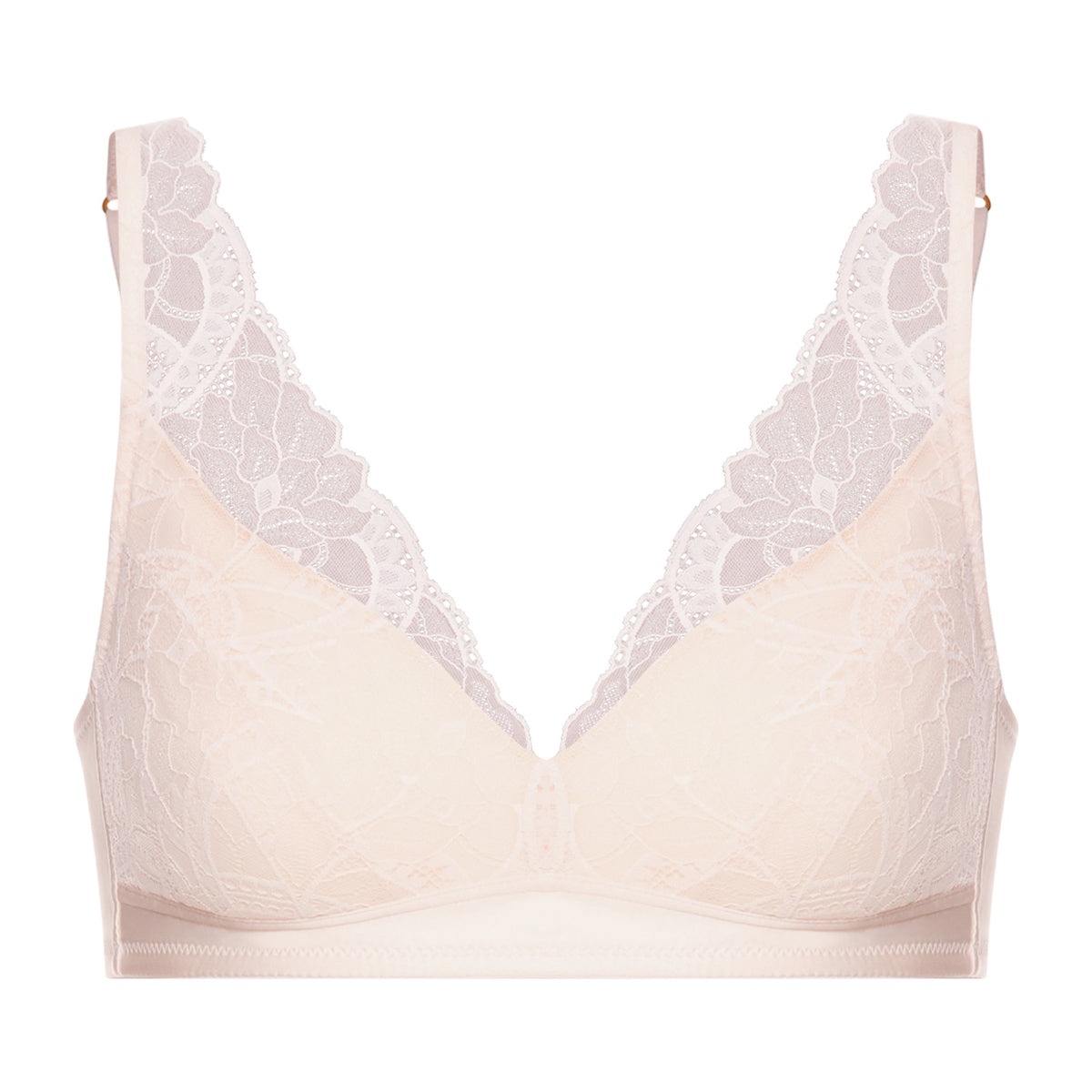 A pale blush-beige wireless bra with white floral lace trim along the scalloped V-neckline and underwire, shown against a plain white background.