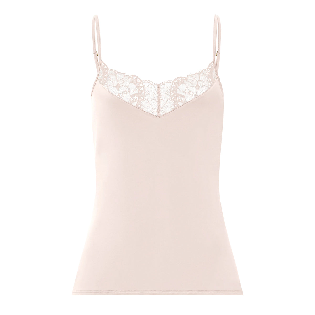 A pale blush pink camisole tank top with thin spaghetti straps and a delicate floral lace V-neckline detail, shown against a solid white background.