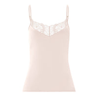 A pale blush pink camisole tank top with thin spaghetti straps and a delicate floral lace V-neckline detail, shown against a solid white background.
