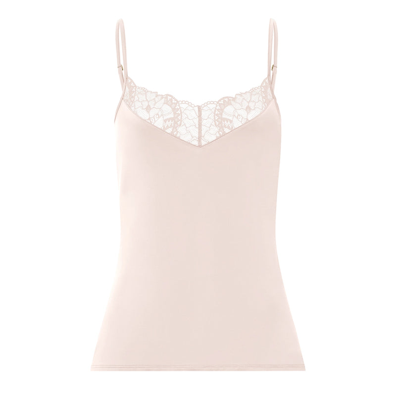 A pale blush pink camisole tank top with thin spaghetti straps and a delicate floral lace V-neckline detail, shown against a solid white background.