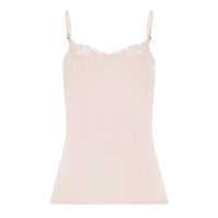 A pale blush pink camisole top with thin straps and a delicate lace underband, shown flat against a solid white background.