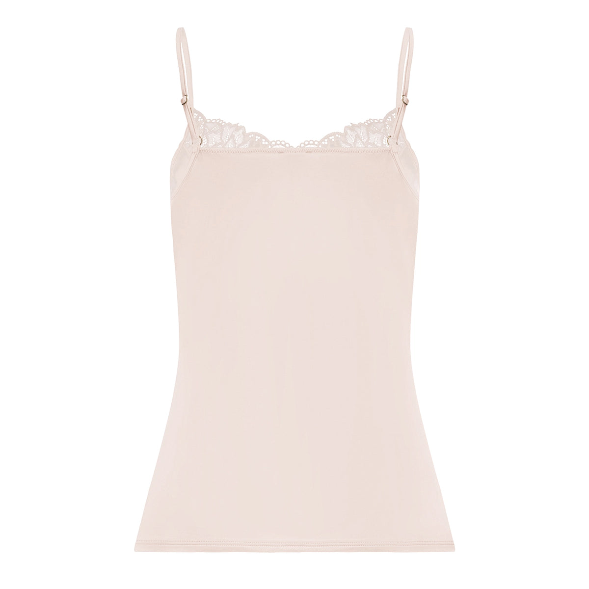 A pale blush pink camisole top with thin straps and a delicate lace underband, shown flat against a solid white background.