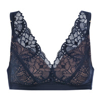 A navy blue lace bra with intricate floral lace patterns and scalloped edges, shown against a plain white background.