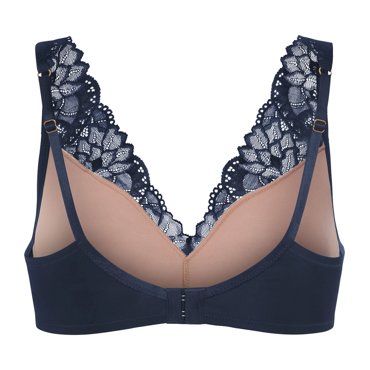 A women's wireless bra in navy blue with beige underwire cups and dark navy lace cups, shown against a plain white background.