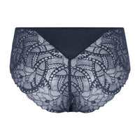 Navy blue lace panties with a sheer floral pattern and solid navy waistband, shown against a plain white background.