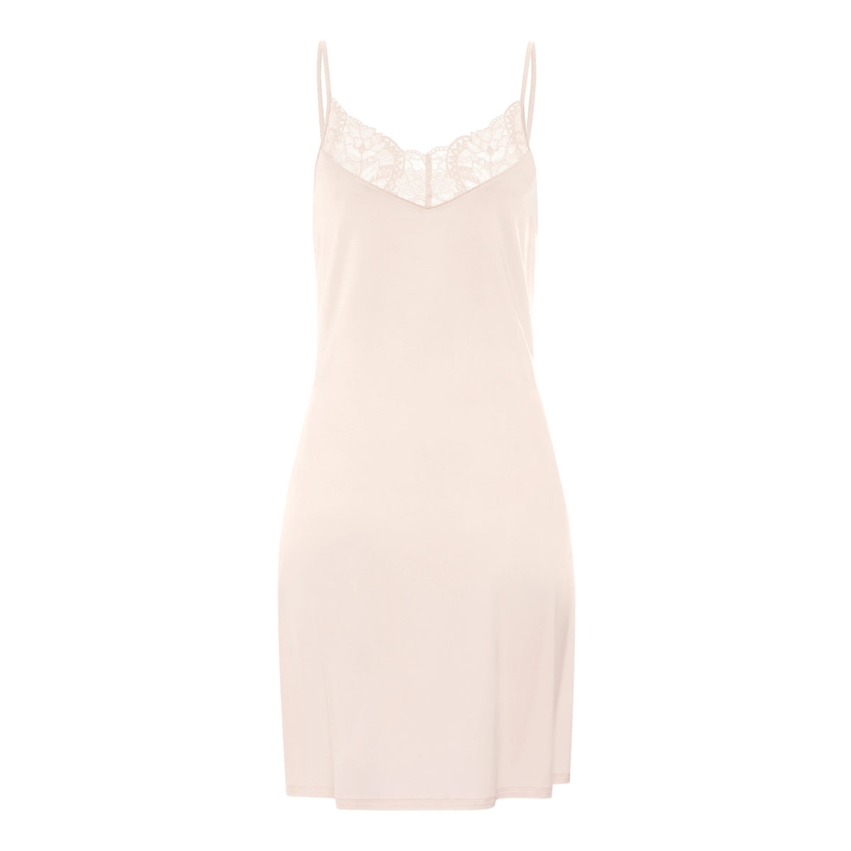 A light beige night dress with thin spaghetti straps and a delicate lace V-neckline, shown against a plain white background.