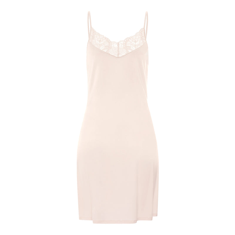 A light beige night dress with thin spaghetti straps and a delicate lace V-neckline, shown against a plain white background.