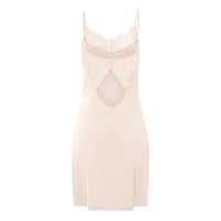 A light beige slip dress with thin straps, a lace yoke, and a small cutout at the center front, shown against a plain white background.