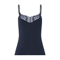 A navy blue camisole tank top with thin straps and a delicate lace underband across the bust, shown on a plain white background.