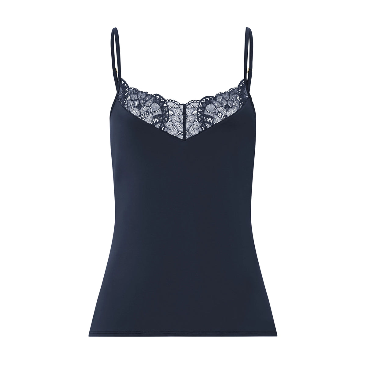 A navy blue camisole tank top with thin straps and a delicate lace underband across the bust, shown on a plain white background.