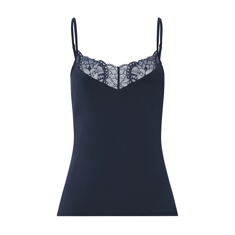 A navy blue camisole tank top with thin straps and a delicate lace underband across the bust, shown on a plain white background.