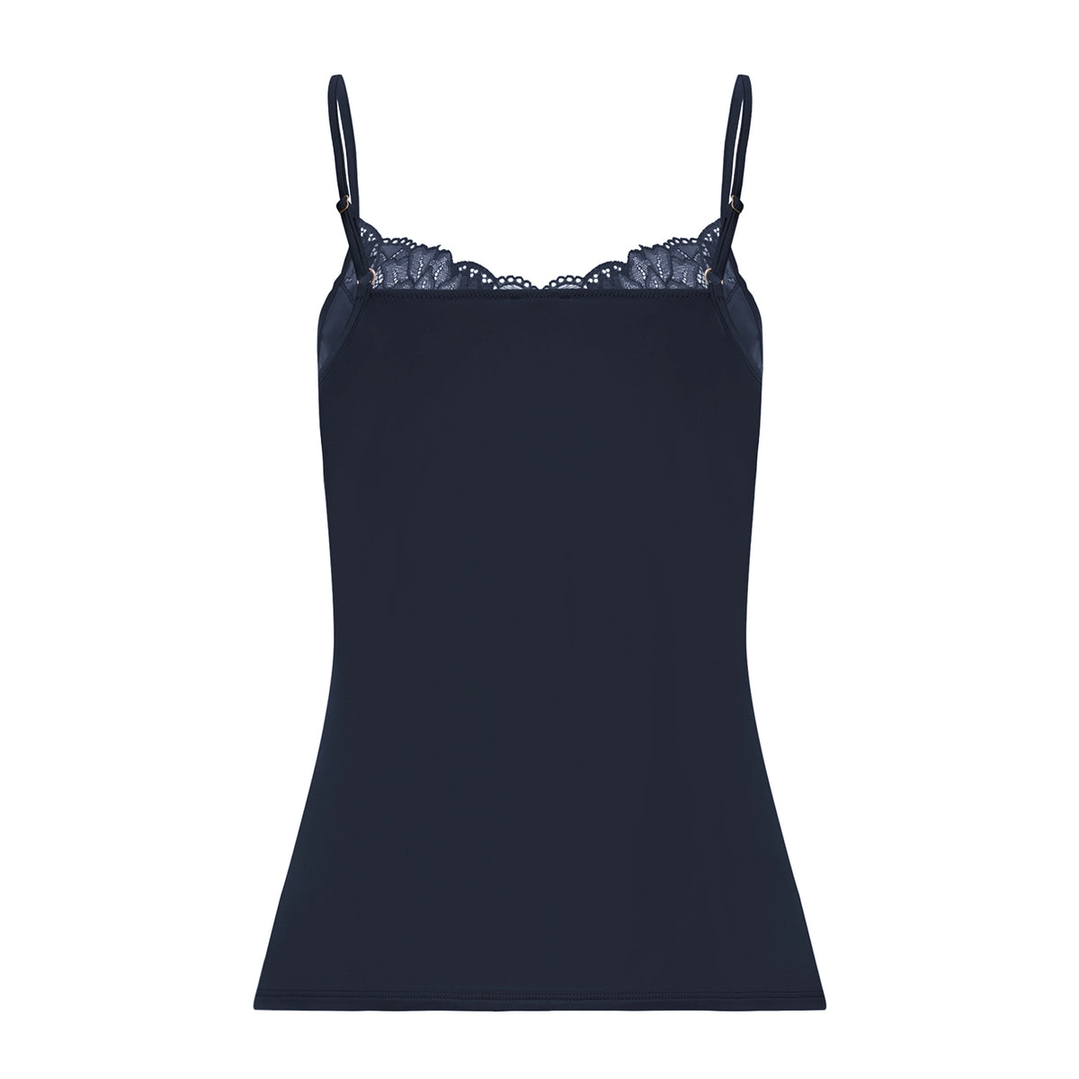 A navy blue camisole top with thin straps and a delicate lace underband, displayed against a solid white background.