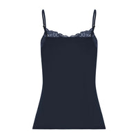 A navy blue camisole top with thin straps and a delicate lace underband, displayed against a solid white background.