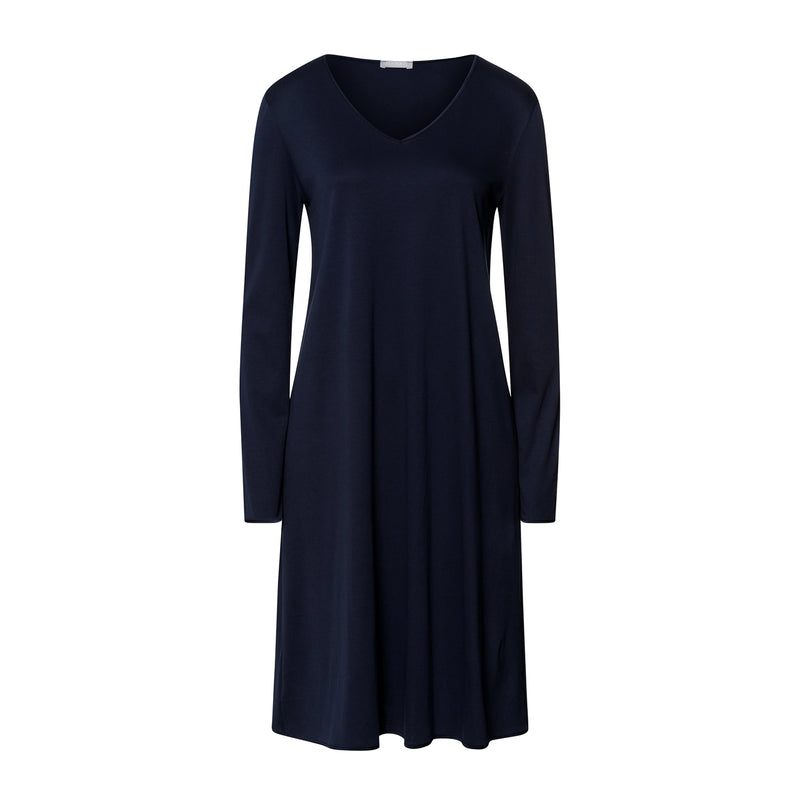 A long-sleeve V-neck dress in dark navy blue, shown against a plain white background.
