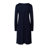 A dark navy blue long-sleeve dress with a boat neckline, shown from the back against a plain white background.