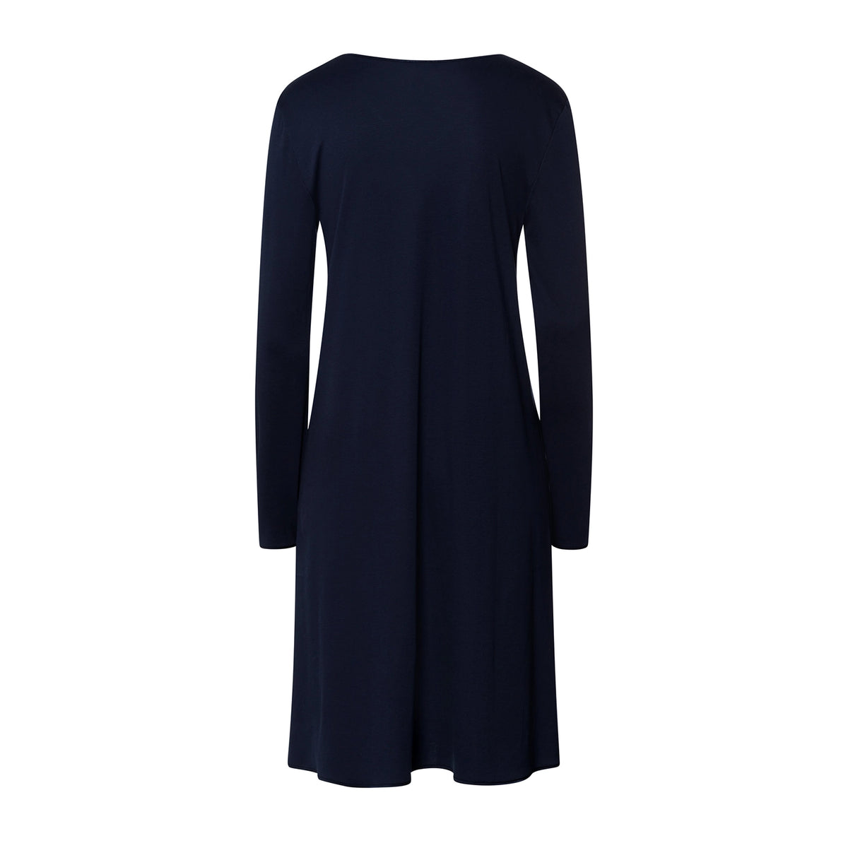 A dark navy blue long-sleeve dress with a boat neckline, shown from the back against a plain white background.