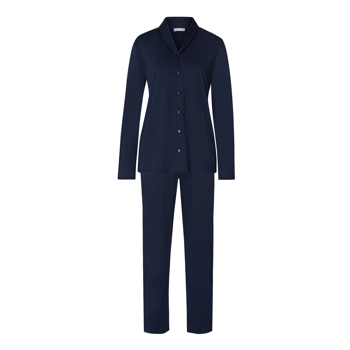 A women's two-piece navy blue lounge set consisting of a long-sleeve button-front top with a shawl collar and matching straight-leg pants, shown on a plain white background.