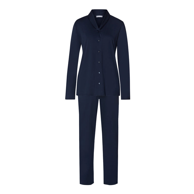 A women's two-piece navy blue lounge set consisting of a long-sleeve button-front top with a shawl collar and matching straight-leg pants, shown on a plain white background.