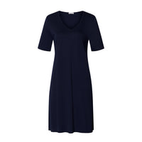 A short-sleeve V-neck dress in solid navy blue, shown on a clean white background.