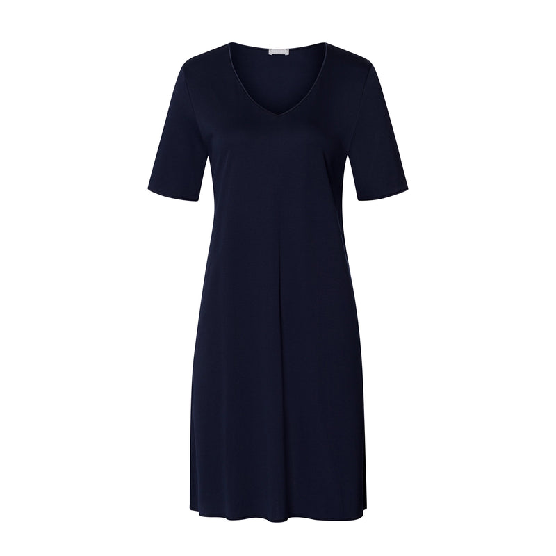 A short-sleeve V-neck dress in solid navy blue, shown on a clean white background.