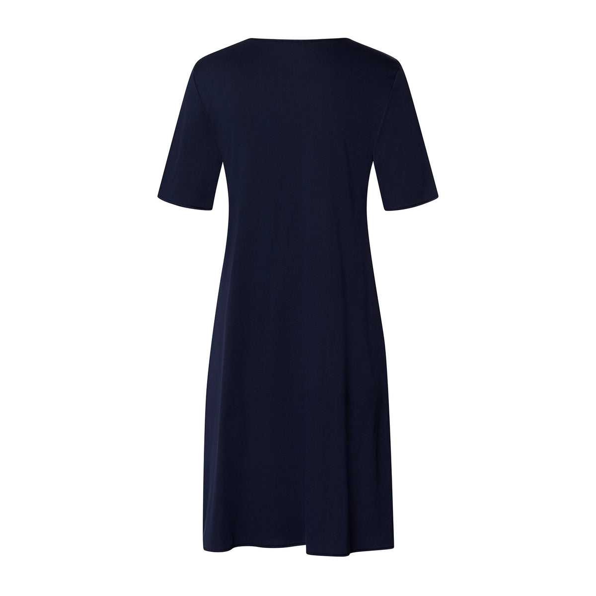 A navy blue short-sleeve dress shown from the back, photographed on a clean white background.