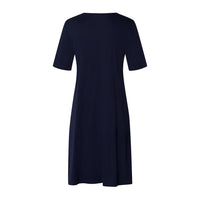 A navy blue short-sleeve dress shown from the back, photographed on a clean white background.