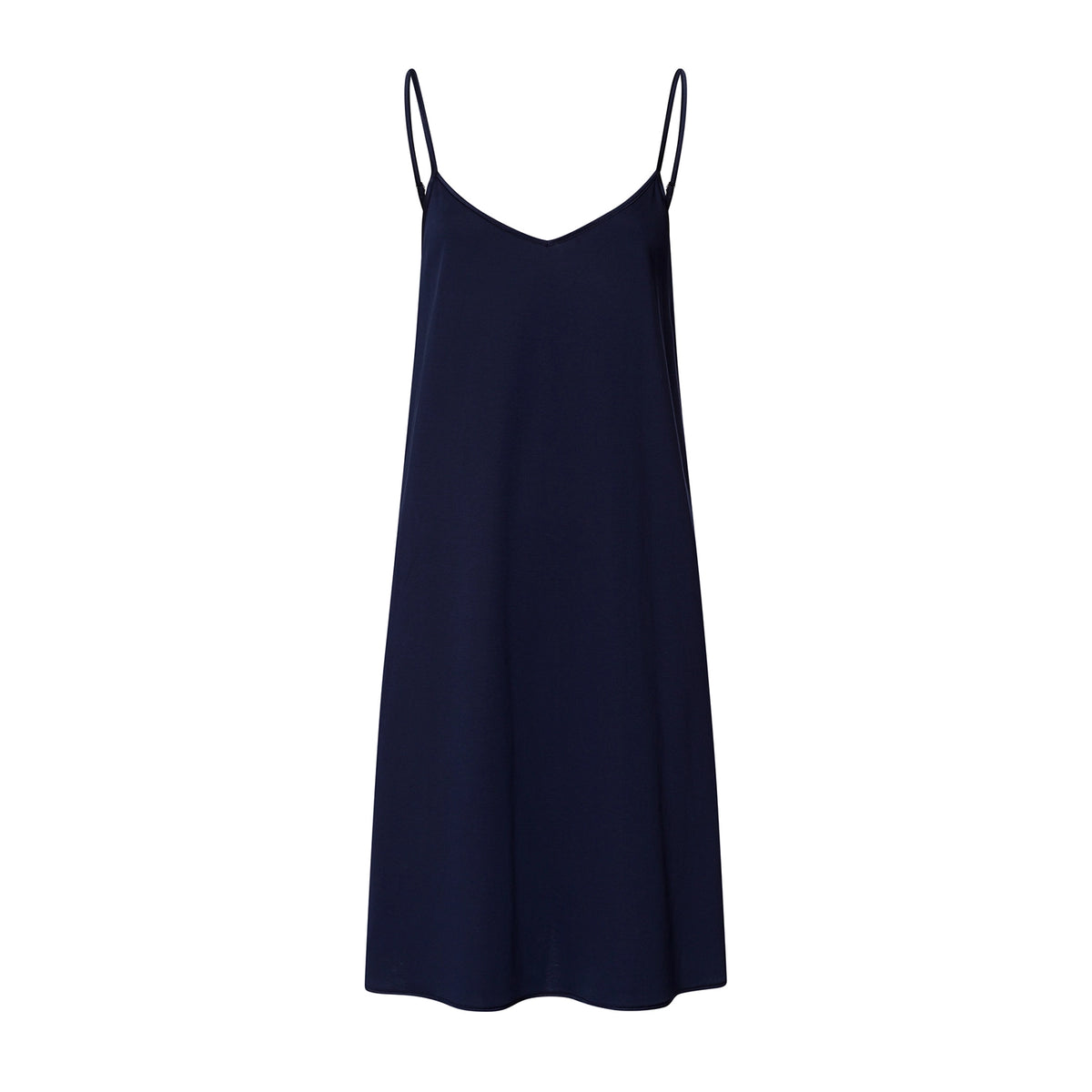 A navy blue slip dress with thin spaghetti straps and a V-neckline, displayed against a solid white background.