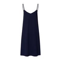 A navy blue slip dress with thin spaghetti straps and a V-neckline, displayed against a solid white background.