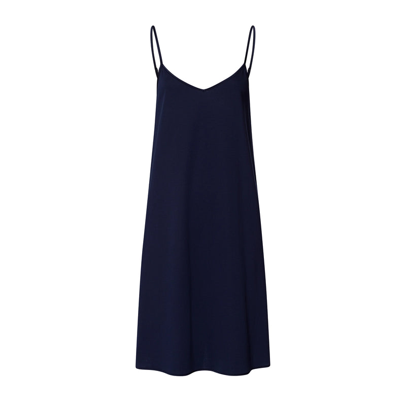 A navy blue slip dress with thin spaghetti straps and a V-neckline, displayed against a solid white background.