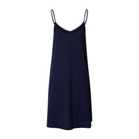 A navy blue slip dress with thin spaghetti straps, displayed against a solid white background.
