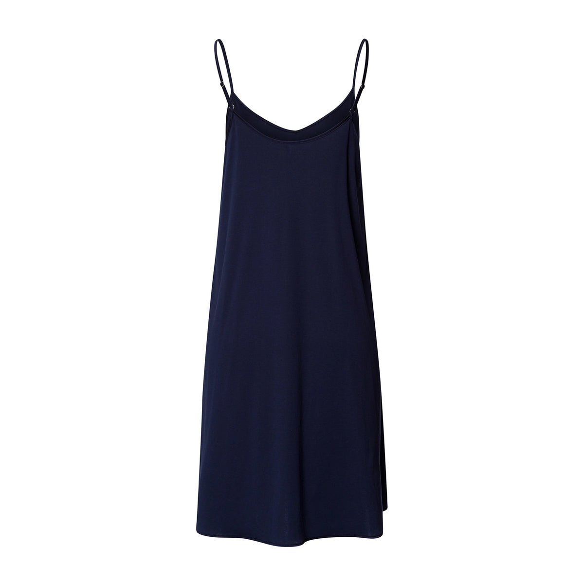 A navy blue slip dress with thin spaghetti straps, displayed against a solid white background.