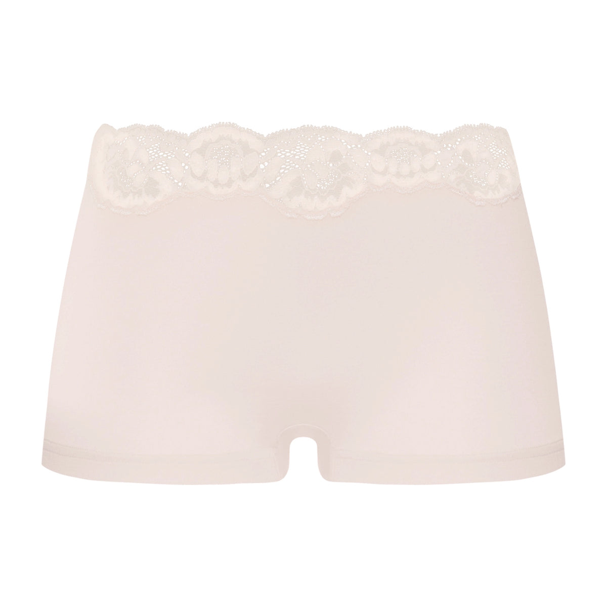 A pair of women's boxer briefs in a very pale blush pink, featuring a wide, scalloped lace waistband with embroidered details.