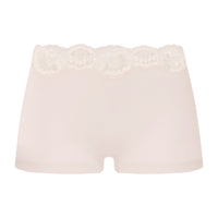 A pair of women's boxer briefs in a very pale blush pink, featuring a wide, scalloped lace waistband with embroidered details.