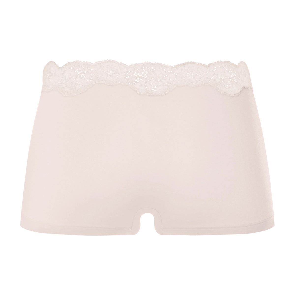 A pair of women's boxer briefs in a soft, pale blush pink, featuring a delicate white lace trim along the scalloped waistband, shown against a plain white background.