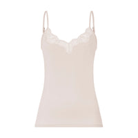 A light beige camisole tank top with thin adjustable straps and a white lace V-neckline trim, shown against a plain white background.