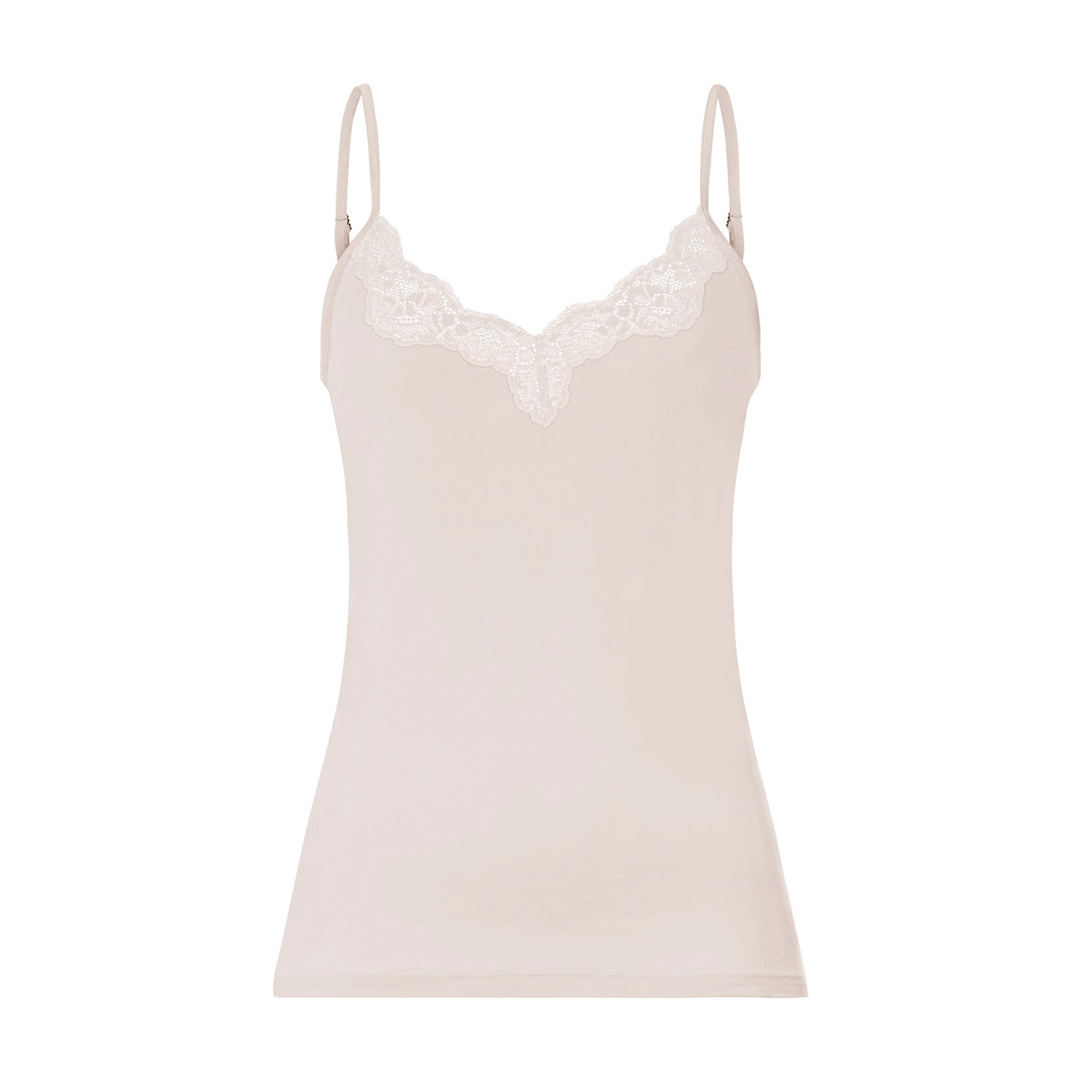 A light beige camisole tank top with thin adjustable straps and a white lace V-neckline trim, shown against a plain white background.