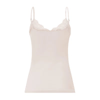 A light beige camisole top with thin straps and a delicate lace V-neckline, shown against a plain white background.