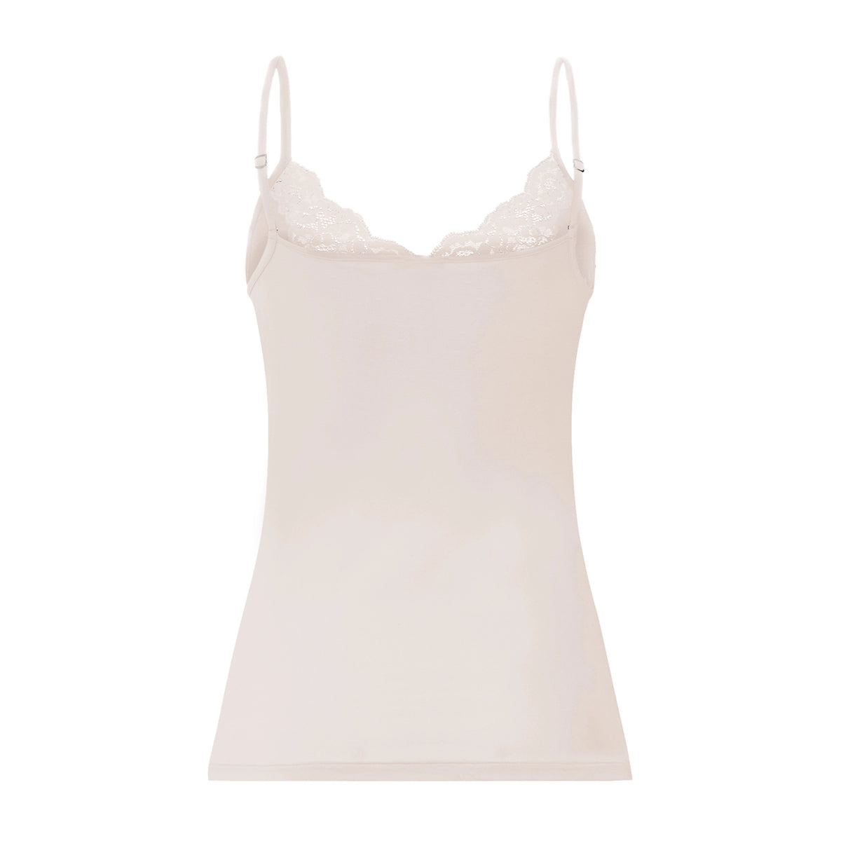 A light beige camisole top with thin straps and a delicate lace V-neckline, shown against a plain white background.