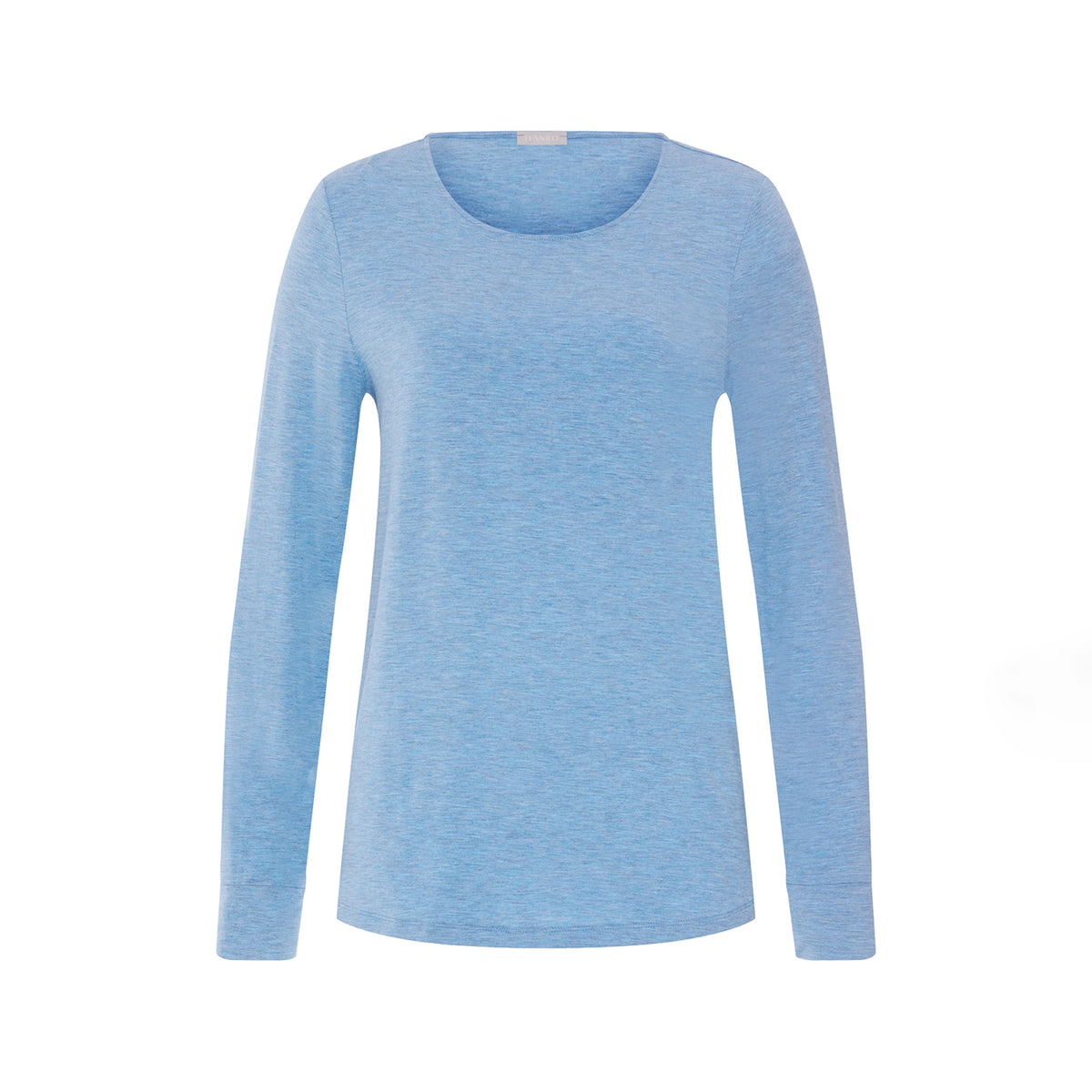 A light blue long-sleeve crewneck top with a subtle heathered texture, displayed on a clean white background.