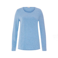 A light blue long-sleeve crewneck top with a subtle heathered texture, displayed on a clean white background.