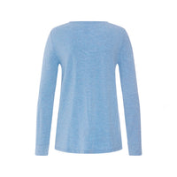 A light blue heathered long-sleeve top shown from the back, displayed on a clean white background.