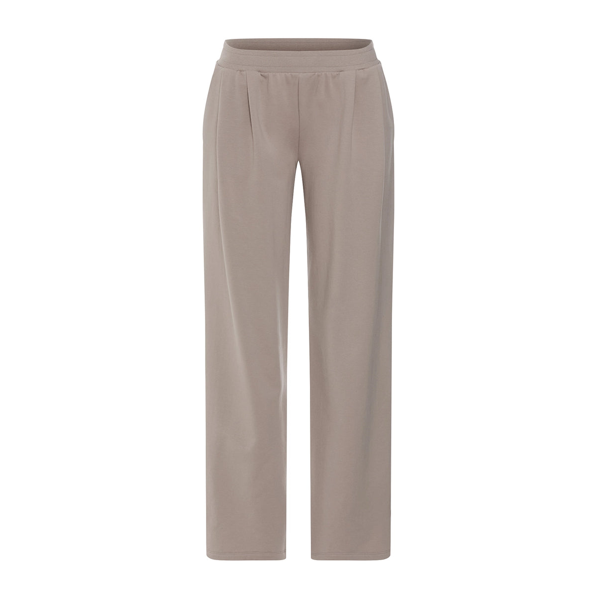 A pair of straight-leg trousers in a light taupe-beige color, shown flat against a solid white background.