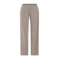 A pair of straight-leg trousers in a light taupe-beige color, shown flat against a solid white background.