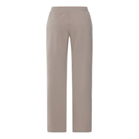 A pair of straight-leg trousers in a solid taupe-beige color, shown from the back on a clean white background.
